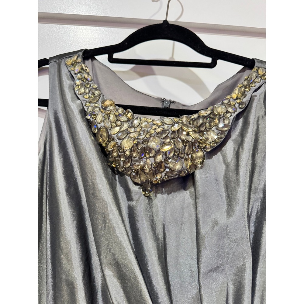 Tadashi Shoji Grey Taffeta Embellished Neck Ruched Gown Dress Size 12